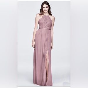 Davids Bridal Open-Back Lace Mesh Quartz Dusty Rose Pink F19608 Bridesmaid Dress